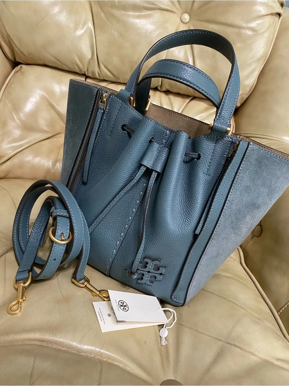 LKNW Tory Burch Dragonfly Leather Crossbody Bag Drawstring Suede McGraw Arctic